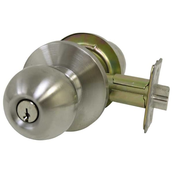 Grade 2 Cylindrical Lock, Storeroom, Knob, Satin Stainless Steel, 2-3/8 Inch Backset, Conventional